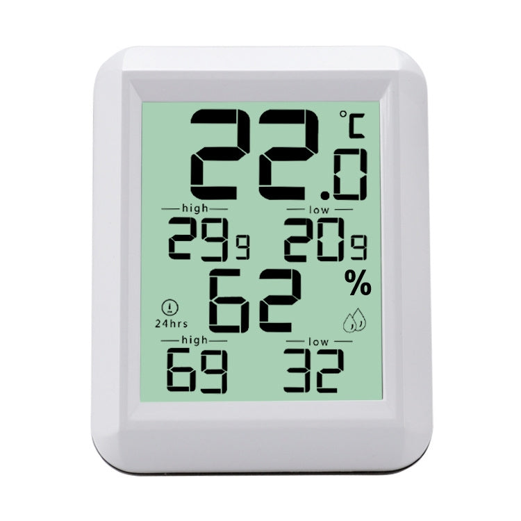 White indoor temperature and humidity meter showing large °C and % values on green display
