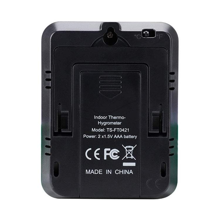 Back view of indoor temperature and humidity meter with battery compartment and mounting points