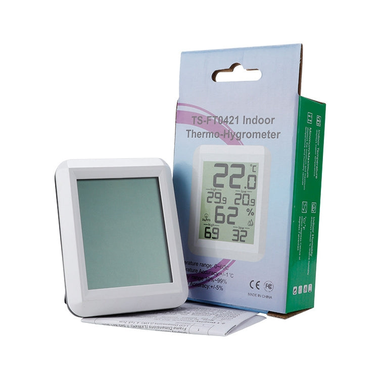 Indoor temperature and humidity meter with green LCD screen and retail box packaging