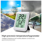 White indoor temperature and humidity meter with green LCD, showing temperature and humidity