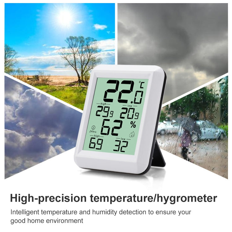 White indoor temperature and humidity meter with green LCD, showing temperature and humidity