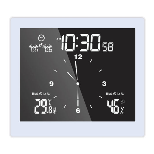 White waterproof wall clock with digital time, temperature, humidity readouts and hands