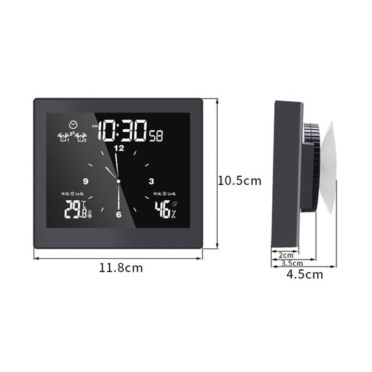 Black waterproof wall clock with digital display shown with size and mount profile