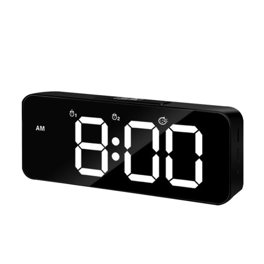 Black LED digital alarm clock with large segmented display and AM indicator