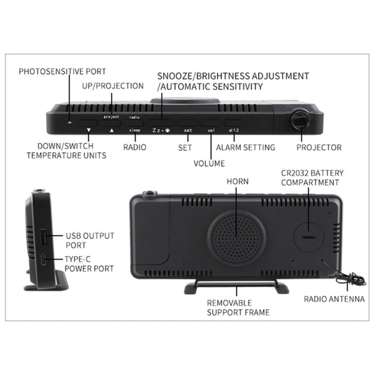 Digital mirror projection alarm clock rear panel with buttons, projector, and radio antenna