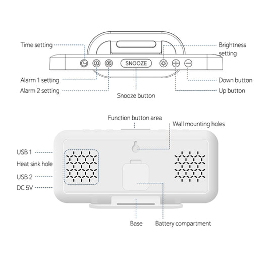 Alarm clock base diagram showing buttons, wall holes, battery compartment, USB and DC ports
