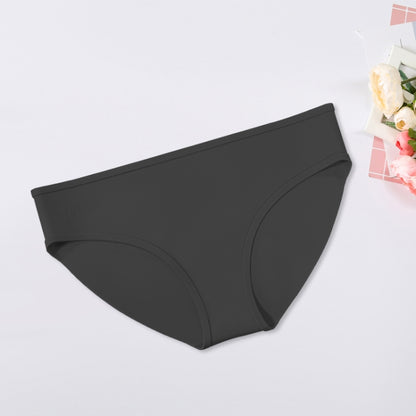 Black women's silicone swim trunks, mid-rise briefs with smooth molded design.