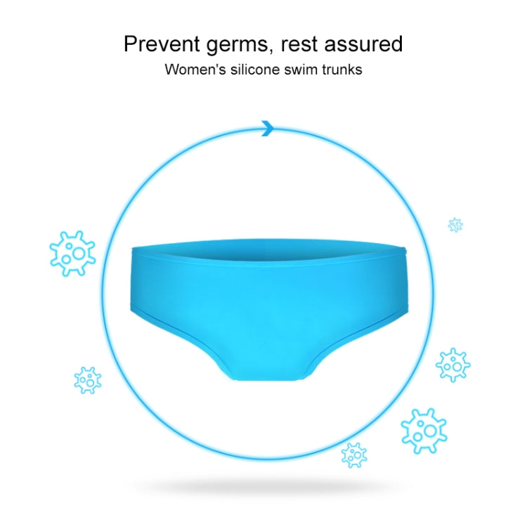 Blue women's silicone swim trunks, mid-rise brief with smooth wide waistband.