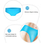 Blue silicone swim trunks for women, shown with molded silicone integral details.