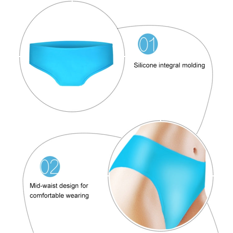Blue silicone swim trunks for women, shown with molded silicone integral details.