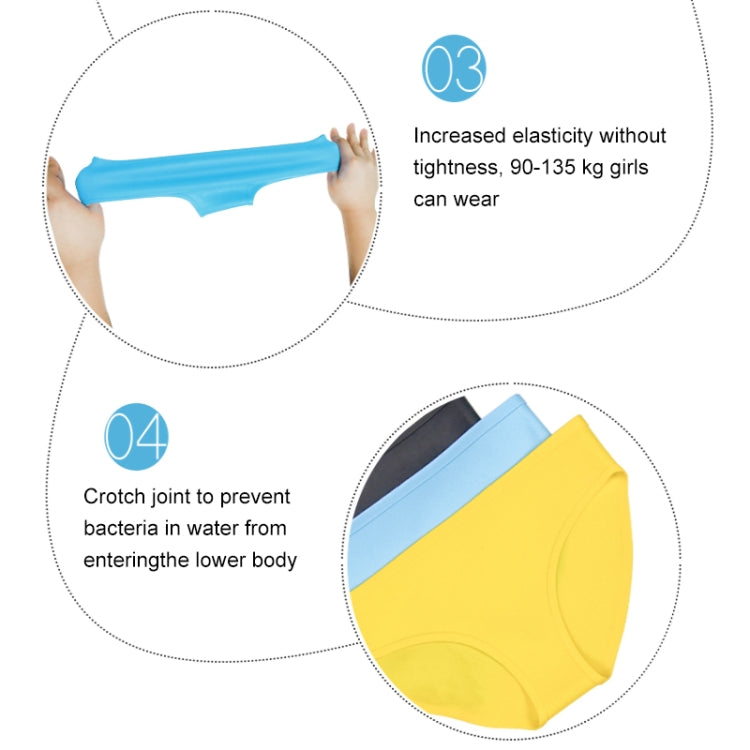 Blue women's silicone swim trunks with crotch joint panel and stretch fit shown.
