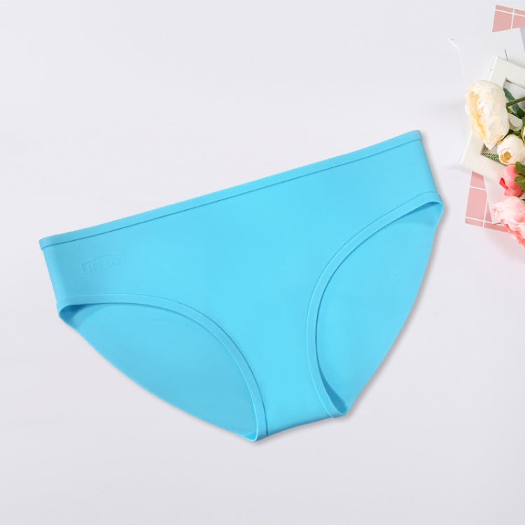 Blue women's silicone swim trunks, smooth molded brief with wide waistband.