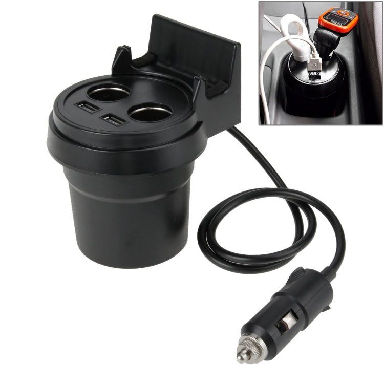 Black dual USB car charger holder with attached cigarette-lighter plug and cable