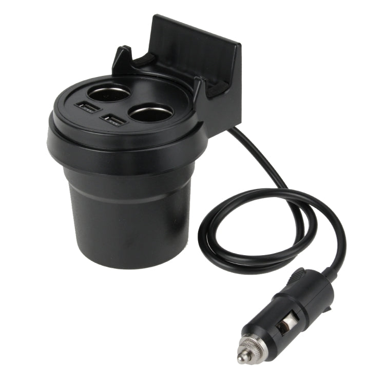 Black dual USB car charger holder cup with dual-port top and cigarette-lighter cable