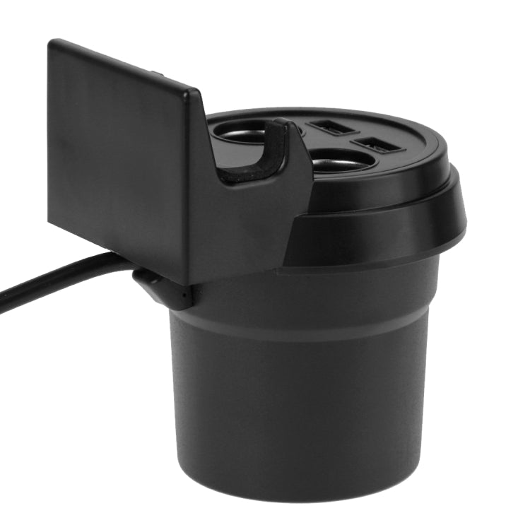Black car charger holder with dual USB ports and side mounting arm