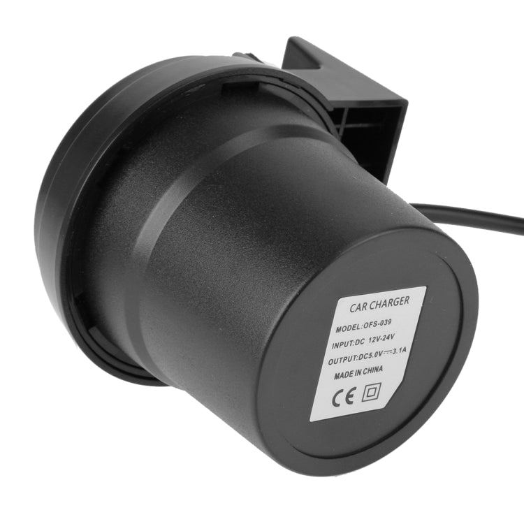 Black car charger plug base with white label and certification markings