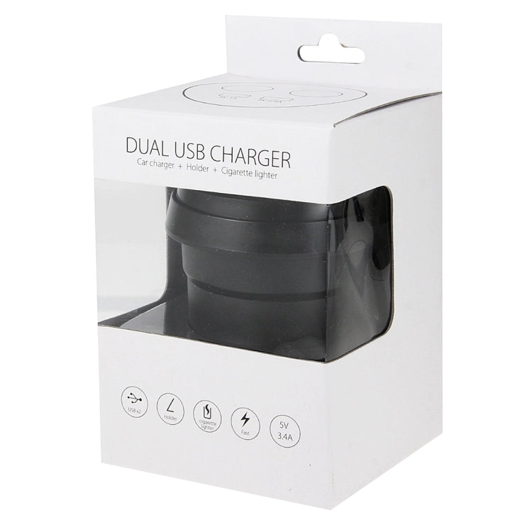 Dual USB car charger holder box packaging with black charger pictured