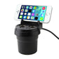 Black car charger holder with dual USB ports holding a smartphone