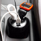 Dual USB car charger in vehicle cup with USB cables connected for charging