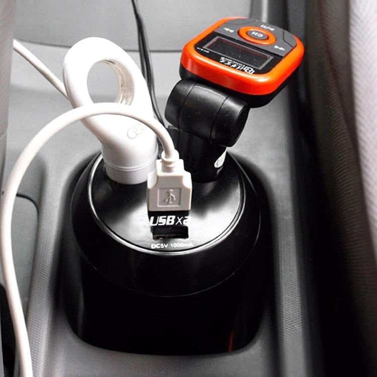 Dual USB car charger in vehicle cup with USB cables connected for charging