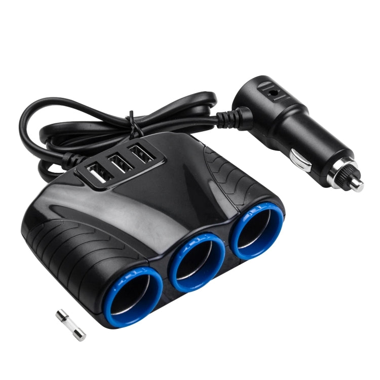 Black car charger with three USB ports and three blue sockets, cigarette plug cable