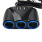 Front view of black car charger showing three blue sockets and three USB ports