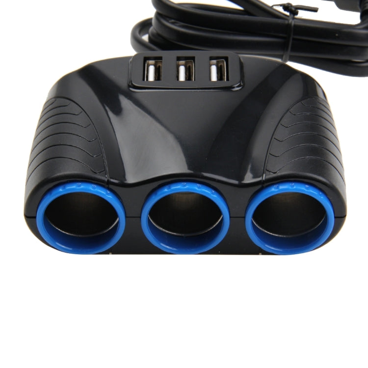Front view of black car charger showing three blue sockets and three USB ports
