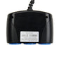 Back of black car 3-USB charger with blue bottom sockets and power label