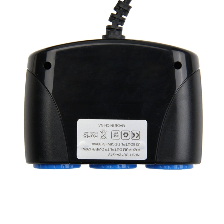 Back of black car 3-USB charger with blue bottom sockets and power label