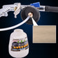 Car cleaning spray gun with connected hose, white bottle, and blue switch