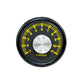 Yellow RPM tachometer gauge face with black bezel and silver center knob