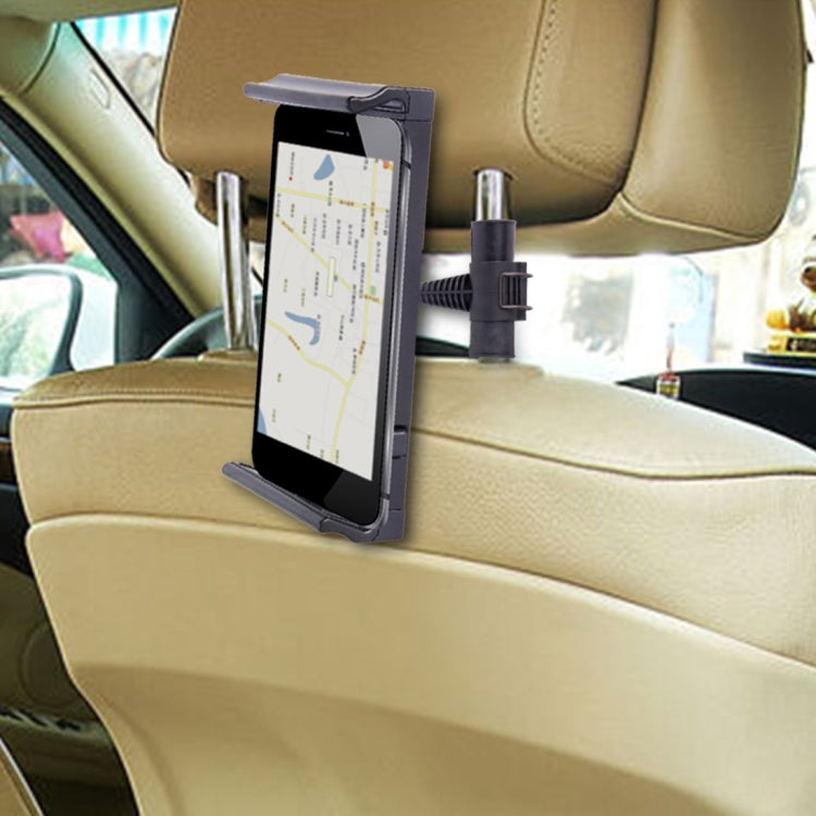 Tablet car headrest holder with mounted tablet, dark gray adjustable clamp