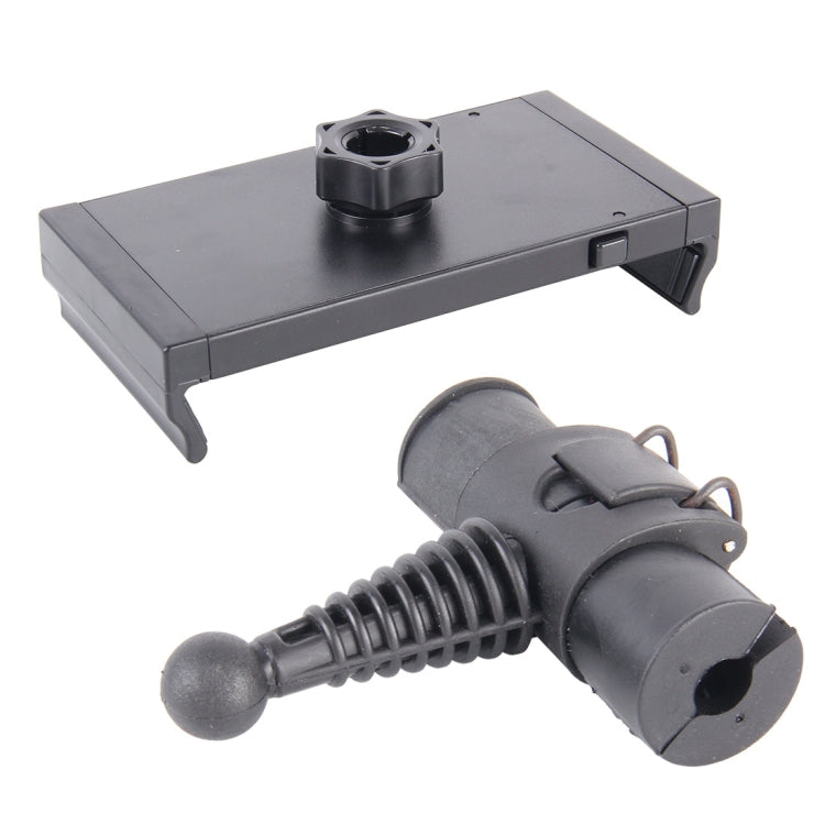 Tablet car headrest holder with pivot mount and headrest clamp, dark gray