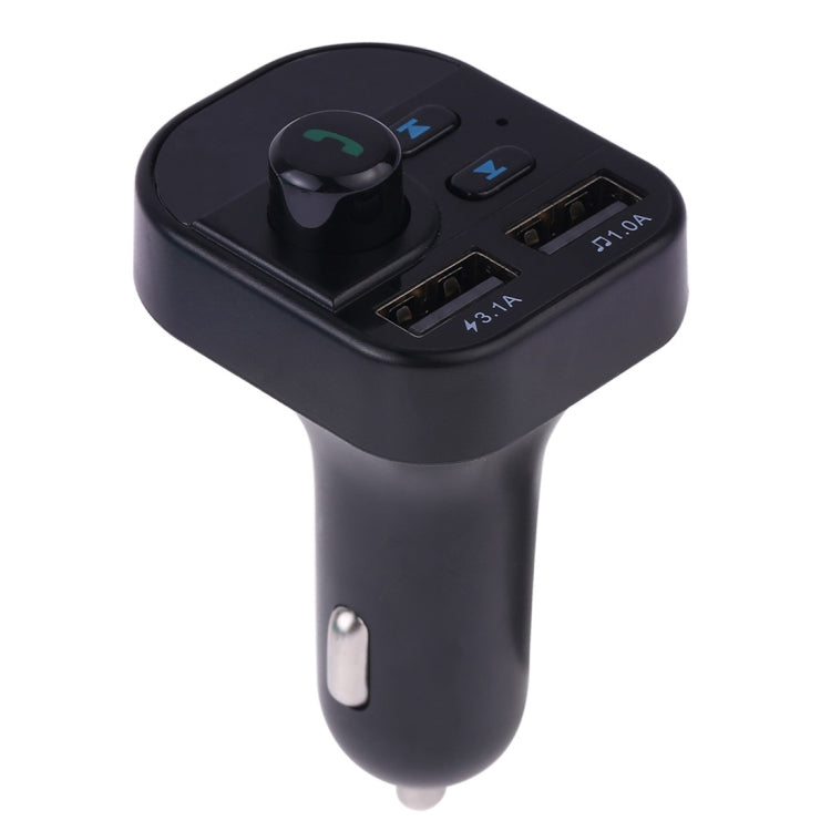 Car Bluetooth FM transmitter with rotary controls, call button, and dual USB charging ports