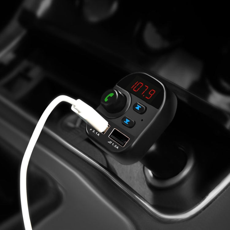 Dual USB charging ports on Bluetooth FM transmitter car kit with red LCD 107.9
