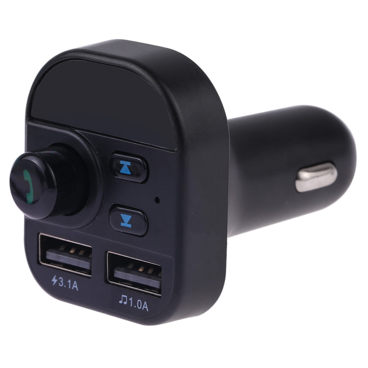 Car Bluetooth FM transmitter close-up with side buttons and two USB ports on the base