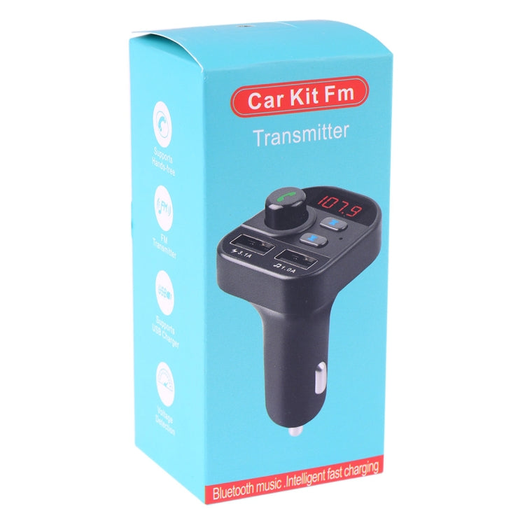 Car kit FM transmitter retail box showing the black Bluetooth car charger device