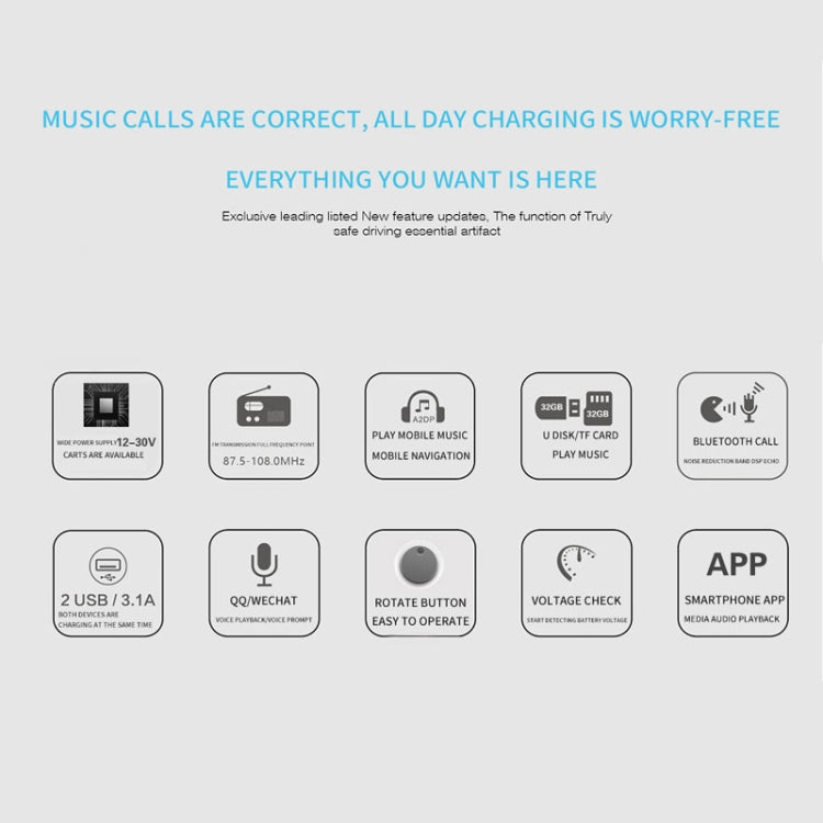 Car Bluetooth FM transmitter feature infographic with charging and call function icons