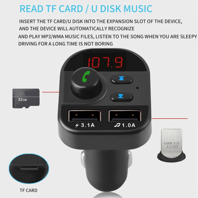 Car Bluetooth FM transmitter with digital display, TF card slot, and dual USB ports