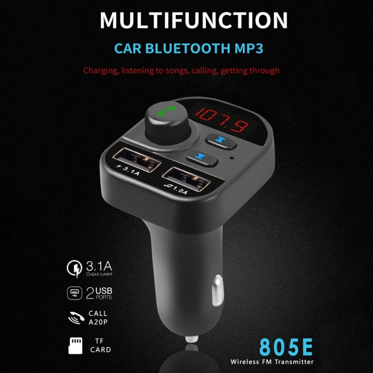 Car Bluetooth FM transmitter with rotary knob, digital display, and dual USB outputs