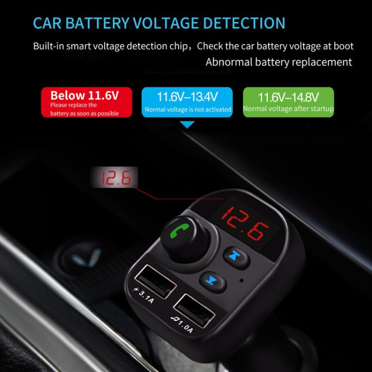 Car Bluetooth FM transmitter with voltage detection display and dual USB charging ports