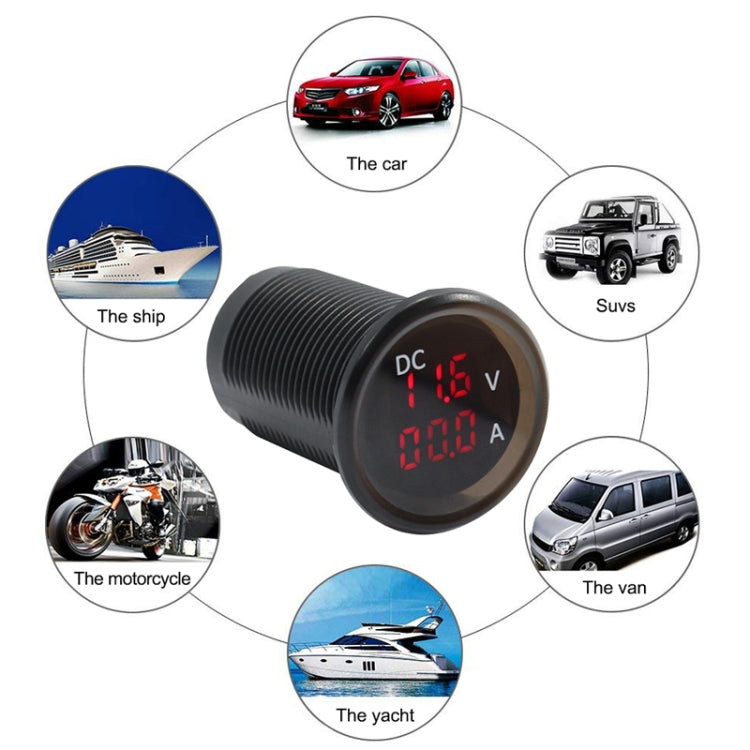 Waterproof DC voltmeter and ammeter module, black threaded cylinder with red LED digits