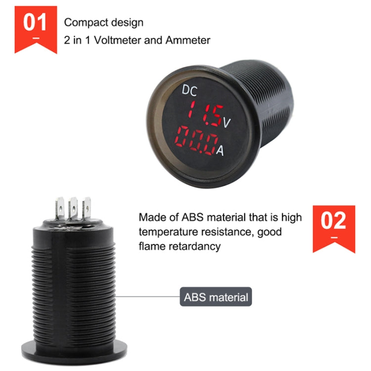 Compact 2-in-1 voltmeter and ammeter gauge with red LED V/A display