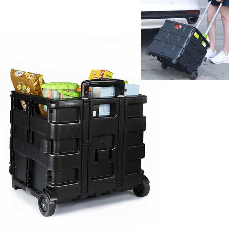 Black plastic folding car storage box with pull handle and four caster wheels
