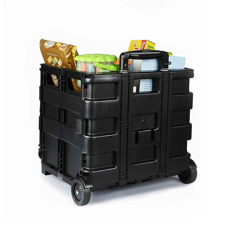 Black folding car storage box with pull handle, caster wheels, and stacked supplies