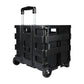 Black folding car storage box with telescoping handle and four caster wheels