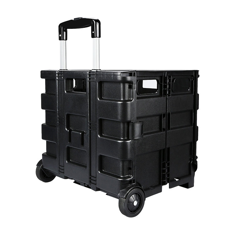 Black folding car storage box with telescoping handle and four caster wheels