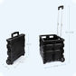Black folding car storage box with pull handle, shown from side and front