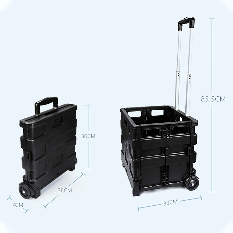 Black folding car storage box with pull handle, shown from side and front