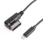 Close-up of black audio cable connectors: 8-pin interface and USB plug